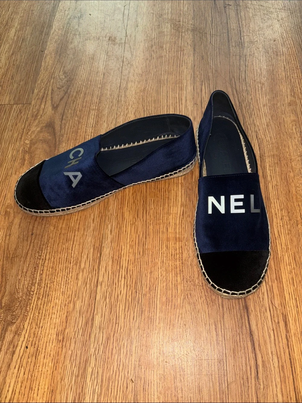 CHANEL Navy Blue and Black Suede Logo Espadrilles